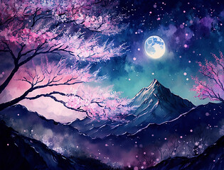 Beautiful spring landscape, Mountain watercolor background, Landscape painting, Watercolor landscape, Ocean watercolor hand painting illustration, Cherry blossom landscape.