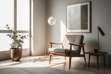 Fototapeta premium Contemporary Charm: White Living Room with Wooden Furniture and Empty Frame