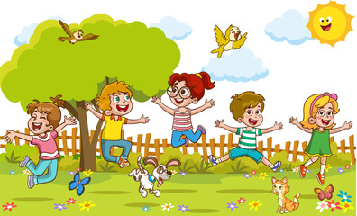 Happy Little Kids Having Fun. vector illustration of cute kids jumping dancing