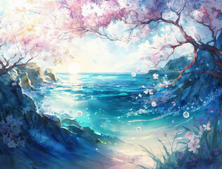Beautiful spring landscape, Summer beach watercolor background, Landscape painting, Watercolor landscape, Ocean watercolor hand painting illustration, Cherry blossom landscape.