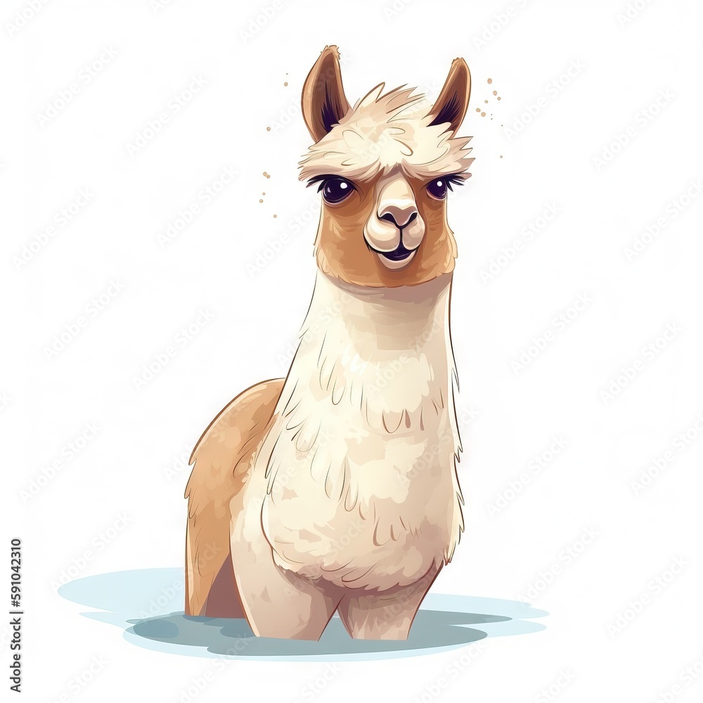 Canvas Prints a drawing of a llama standing in the water with its eyes open and a sad look on its face, with a whi