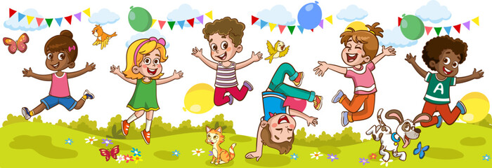Obraz na płótnie Canvas Happy Little Kids Having Fun. vector illustration of cute kids jumping dancing