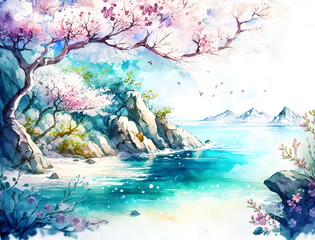 Beautiful spring landscape, Summer beach watercolor background, Landscape painting, Watercolor landscape, Ocean watercolor hand painting illustration, Cherry blossom landscape.