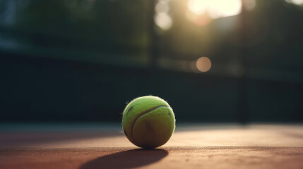 Close up tennis ball on court background with copy space. Generative AI technology