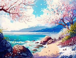 Beautiful spring landscape, Summer beach watercolor background, Landscape painting, Watercolor landscape, Ocean watercolor hand painting illustration, Cherry blossom landscape.