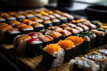 Tuna Sashimi and Nigiri - Maguro, the most popular types of sushi, as sashimi or on rice. Salmon Sashimi and Nigiri Sake, another favorite, in its raw state. - Generative AI