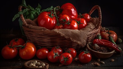 Fototapeta na wymiar lots of tomatoes in the basket, spices, organic, generative AI