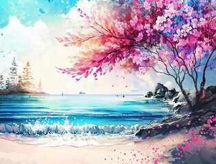 Beautiful spring landscape, Summer beach watercolor background, Landscape painting, Watercolor landscape, Ocean watercolor hand painting illustration, Cherry blossom landscape.