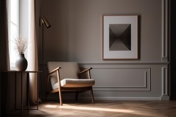 Fototapeta premium Minimalist Chic: A Chair and Blank Frame in a Room with Soft Tones