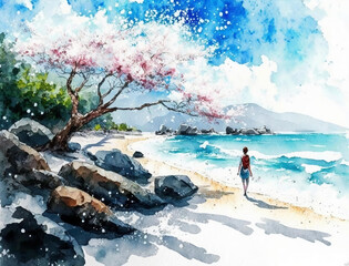 Beautiful spring landscape, Summer beach watercolor background, Landscape painting, Watercolor landscape, Ocean watercolor hand painting illustration, Cherry blossom landscape.