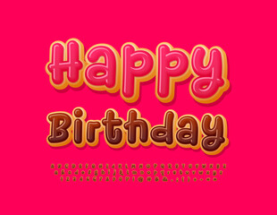 Vector tasty Greeting Card Happy Birthday. Playful style Font. Sweet Donut Alphabet Letters, Numbers and Symbols
