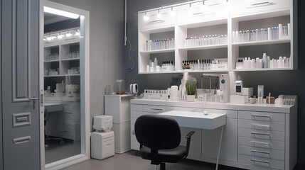 Fototapeta na wymiar Bright empty cosmetology cabinet in modern beauty clinic. Interior of beautician room in aesthetic medicine salon. Medical office of dermatologist specialist. Generative AI technology