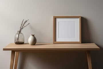 Minimalist Living: A Wooden Table with a White Vase and Abstract Art