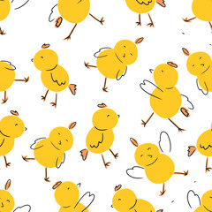 Seamless pattern with yellow funny chicken chick activitiesyoga poses. Running, jumping, sleeping, standing, sitting in the shell. Flat, cartoon, vectorhand drawn illustrations on white background.