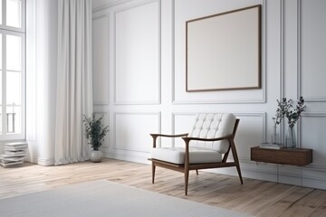Modern Sophistication: A White Wall with a Blank Frame and Minimalist Decor