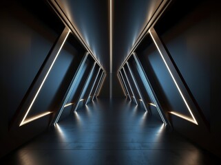 A dark hallway with lights on the wall loop a futuristic modern technology entrance. Generative AI