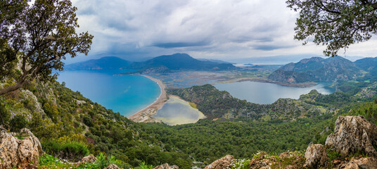Sulungur Lake and Iztuzu Beach view from hill in Dalyan Village of Mugla Province