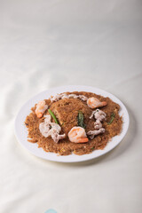 wok fried fu Zhou braised ee fu noodle bee hoon longevity noodle mee with seafood mushroom prawn egg meat and vegetables on wood table asian chinese halal food menu for restaurant