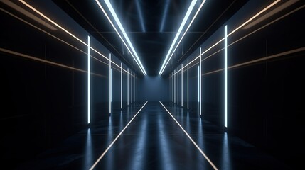 A dark corridor with neon lights on the walls, futuristic interior technology background. Generative AI 