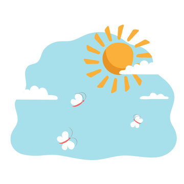 recommend clip art: Sunny clear day. Blue sky with butterflies, clouds and sun. sticker. clip art