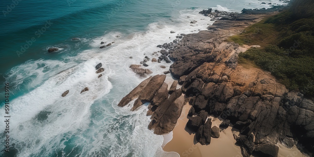 Poster a beautiful picture of a rocky beach with a cliff from above.aerial view. panoramic shot. generative