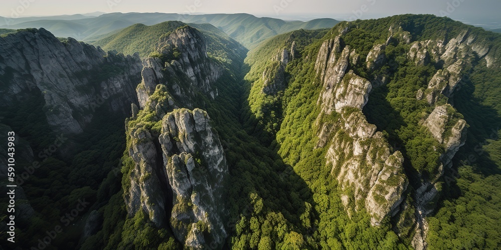 Poster A view from a height of a mountain peak with green trees in the fog.Aerial view. Panoramic shot. Generative AI
