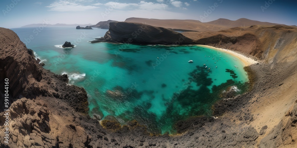 Poster View from the height of the sea with a mountain.Aerial view. Panoramic shot. Generative AI