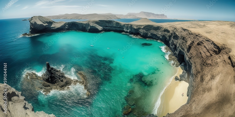 Poster View from the height of the sea with a mountain.Aerial view. Panoramic shot. Generative AI