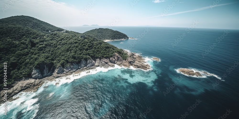 Poster View from the height of the sea with a mountain.Aerial view. Panoramic shot. Generative AI