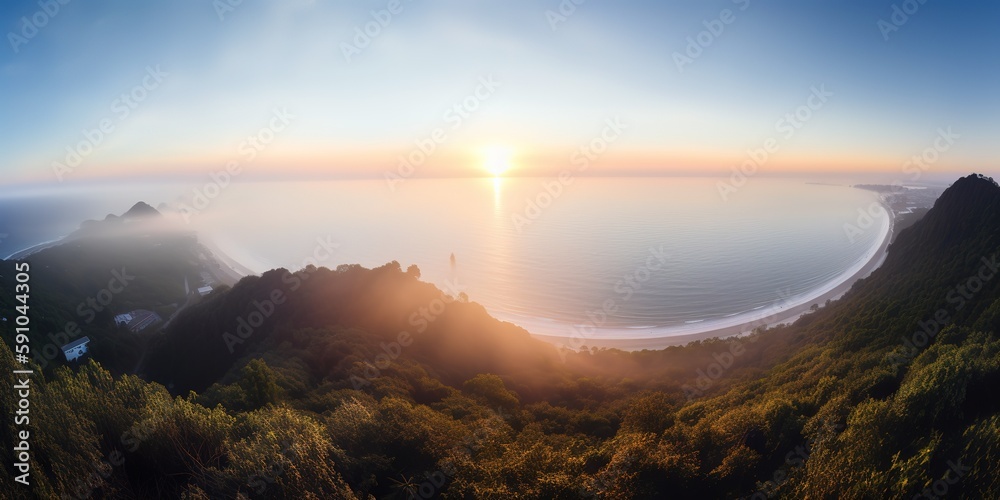 Poster view from the height of the sea at dawn.aerial view. panoramic shot. generative ai