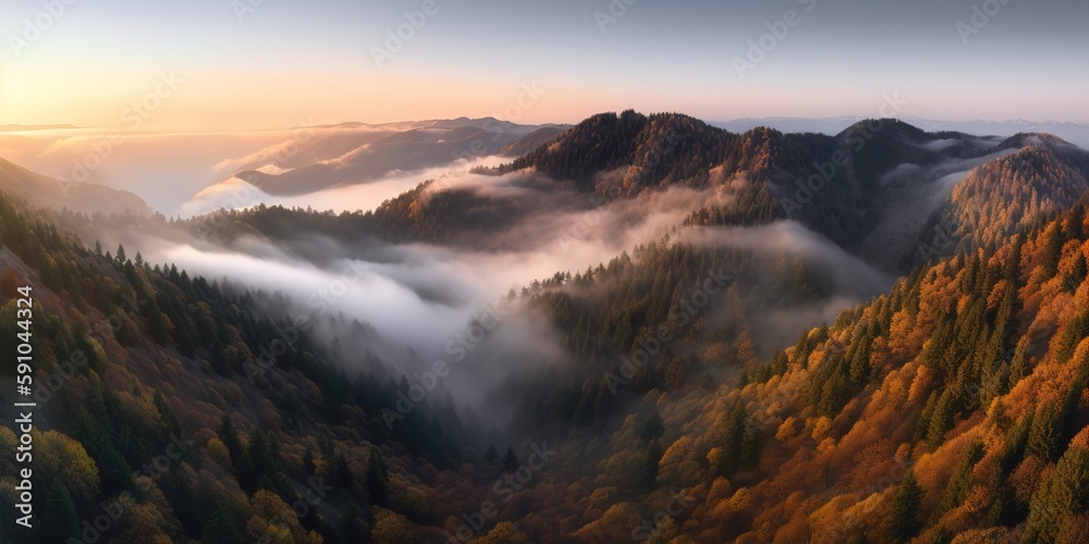 Poster A view from a height of a mountain peak with green trees in the fog.Aerial view. Panoramic shot. Generative AI