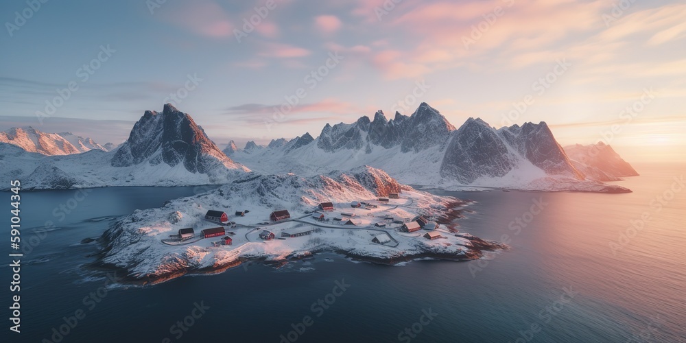 Sticker Winter landscape top view of snow-capped mountains with houses at the beginning of the mountain.Aerial view. Panoramic shot. Generative AI