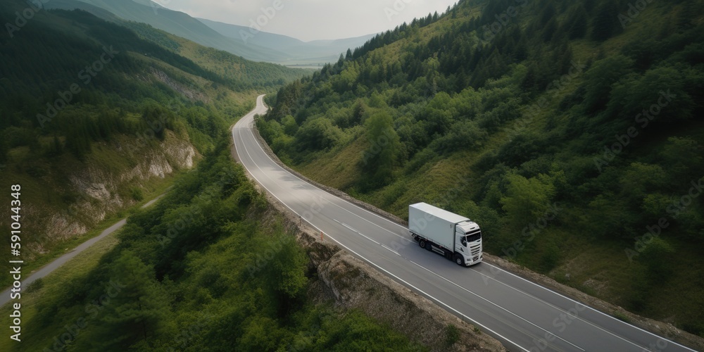 Poster view from the height of the road with a truck.aerial view. panoramic shot. generative ai