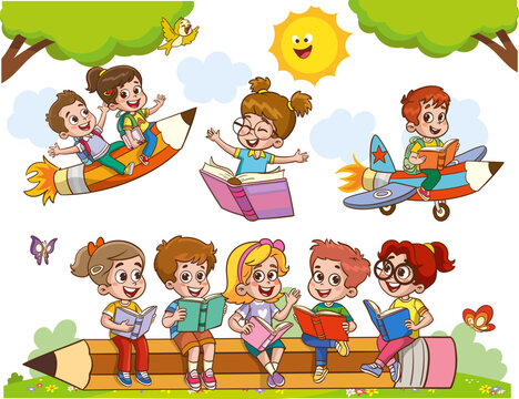 fun educational images with educational materials.Funny Kid Flying On Colorful Pencil cartoon vector