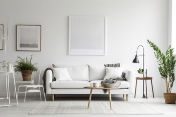 Obraz na płótnie Canvas Minimalistic Haven: The Art of Simplistic Living in a White Living Room with a Blank Frame