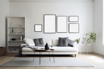 Fototapeta na wymiar Pure Serenity: The Art of Living Simply in a White Living Room with a Blank Frame