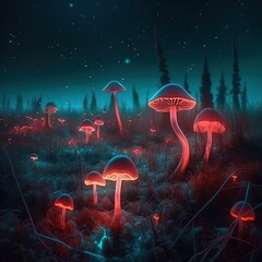 Mushrooms Neon Composition,  bioluminescence field full of magical fungi, Generative AI