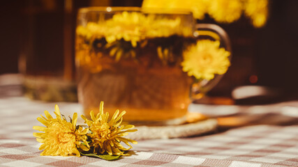 Dandelion flower healthy tea in glass teapot and glass cup on table. Delicious herbal tea from fresh dandelion flowers at home at summer day. Green clearing Hot dandelion tea in a glass teapot