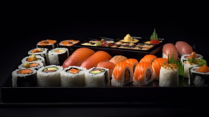 sushi set on a black table in a sushi restaurant. generative ai