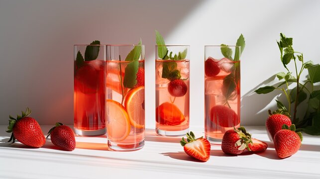 A row of glasses of strawberry lemonade with mint leaves and strawberries on the side, generative ai