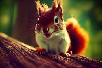 Red fluffy squirrel with a nut, cute animal in the forest, generative AI