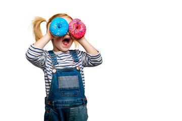Happy cute girl is having fun played with donuts on png background. Bright photo of a child. Colored donuts