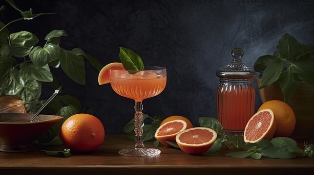 A cocktail with oranges on dark background, generative ai
