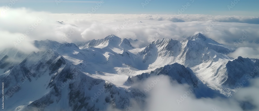 Poster view of the snow-capped mountains.aerial view. panoramic shot. generative ai