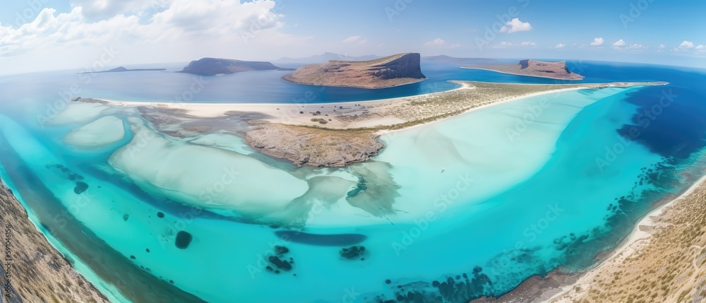 Poster a beautiful picture of a rocky beach with a cliff from above.aerial view. panoramic shot. generative