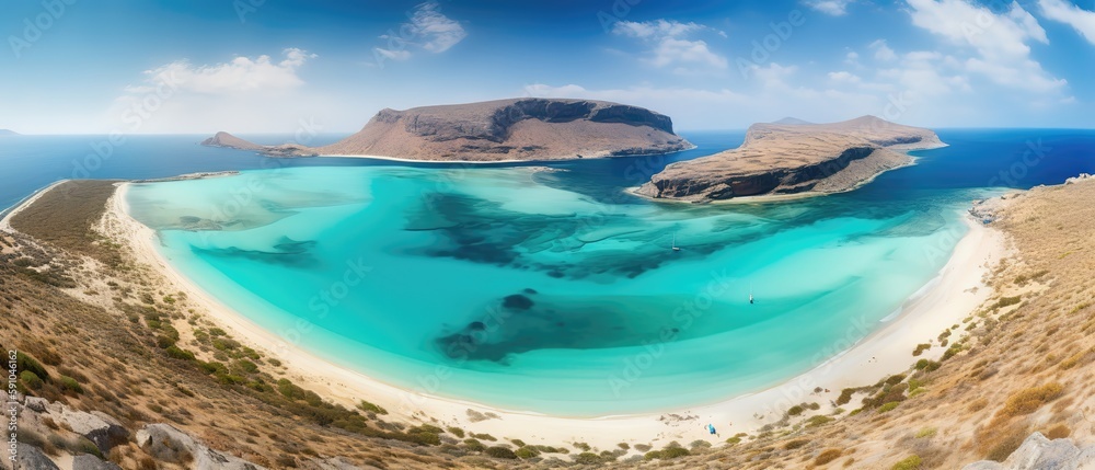Poster a beautiful picture of a rocky beach with a cliff from above.aerial view. panoramic shot. generative