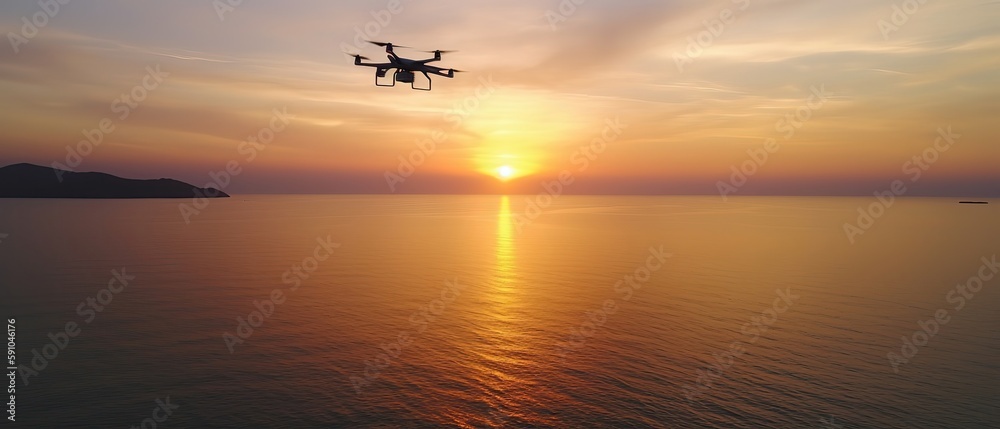 Poster Sunset view in the sea with a drone.Aerial view. Panoramic shot. Generative AI