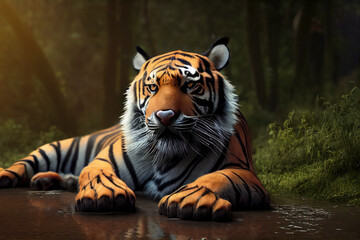 Portrait of an endangered Sumatran tiger in the wild, generative AI