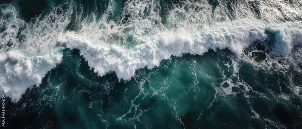 Poster a beautiful picture of a rocky beach with a cliff from above.aerial view. panoramic shot. generative