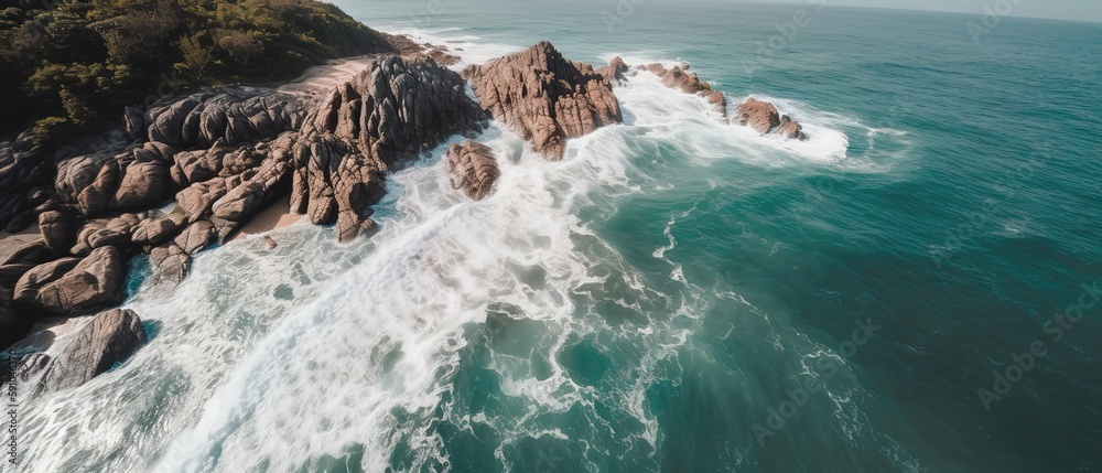 Poster a beautiful picture of a rocky beach with a cliff from above.aerial view. panoramic shot. generative